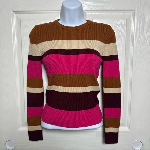 Zara Knit Top Women’s Medium Pink Brown Striped Preppy Sweater Y2K Colorblock - Picture 1 of 9